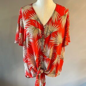 W5 Anthropology Orange top with palm cream leaf print button up tie front top L
